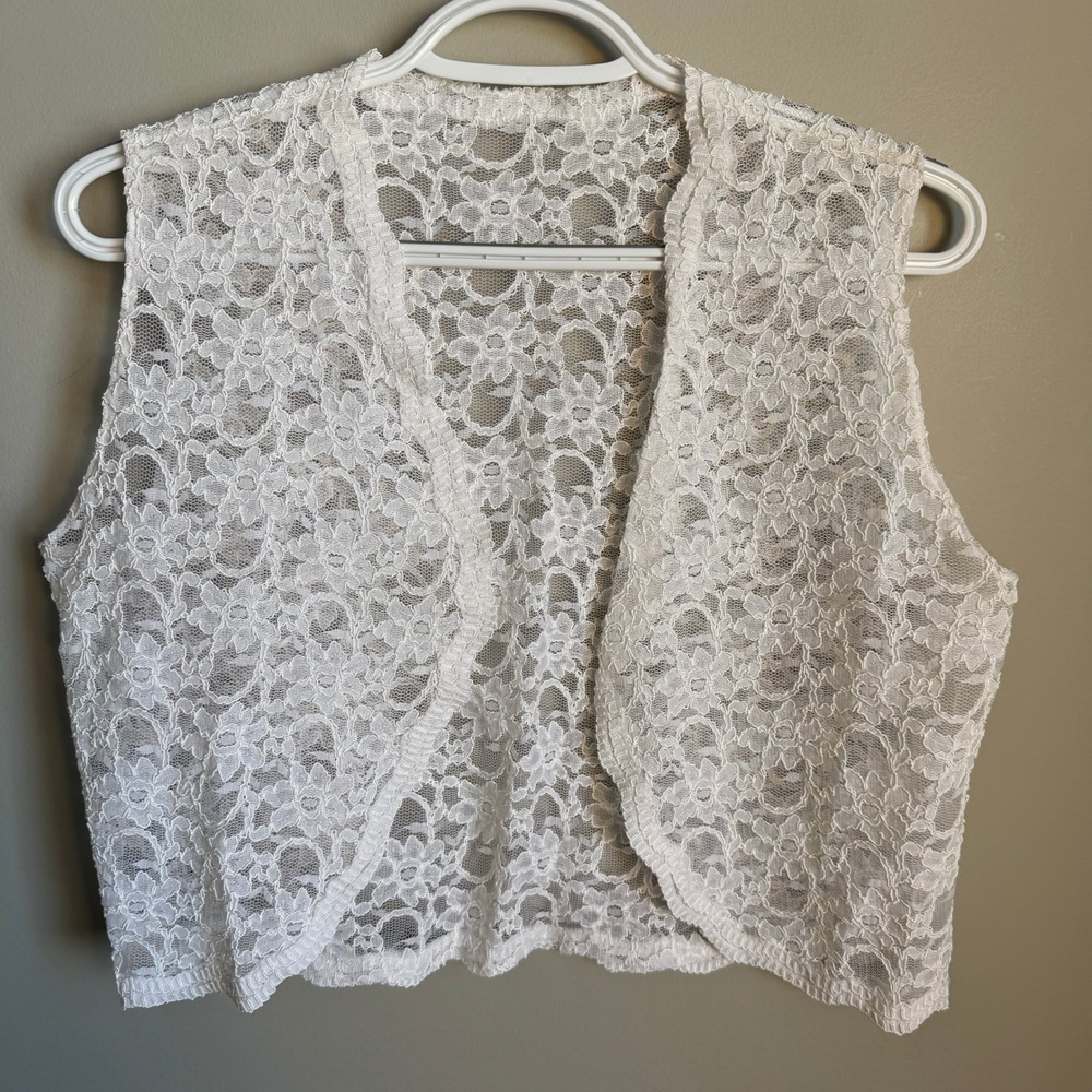 White Sheer Floral Lace Vest‎ Open Front Sleeveless Shrug Women Whimsigoth Layer